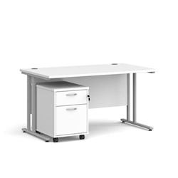 Maestro 25 straight desk 1400mm x 800mm with silver cantilever frame and 2 drawer pedestal - white