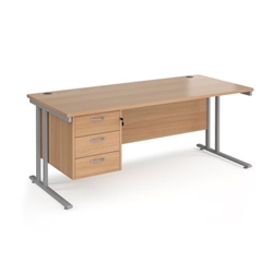 Maestro 25 straight desk 1800mm x 800mm with 3 drawer pedestal - silver cantilever leg frame, beech top