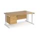 Maestro 25 right hand wave desk 1600mm wide with 2 drawer pedestal - white cantilever leg frame, oak top