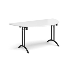 Semi circular folding leg table with black legs and curved foot rails 1600mm x 800mm - white