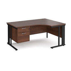 Maestro 25 right hand ergonomic desk 1600mm wide with 2 drawer pedestal - black cable managed leg frame, walnut top