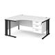 Maestro 25 left hand ergonomic desk 1600mm wide with 3 drawer pedestal - black cable managed leg frame, white top