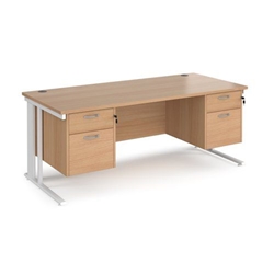 Maestro 25 straight desk 1800mm x 800mm with two x 2 drawer pedestals - white cable managed leg frame, beech top