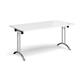 Rectangular folding leg table with chrome legs and curved foot rails 1600mm x 800mm - white