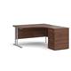 Maestro 25 right hand ergonomic desk 1400mm with silver cantilever frame and desk high pedestal - walnut