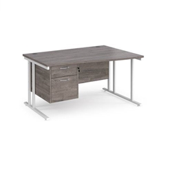 Maestro 25 right hand wave desk 1400mm wide with 2 drawer pedestal - white cantilever leg frame, grey oak top