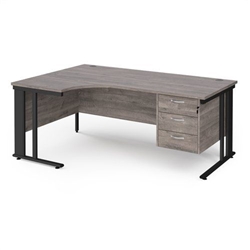 Maestro 25 left hand ergonomic desk 1800mm wide with 3 drawer pedestal - black cable managed leg frame, grey oak top