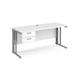 Maestro 25 straight desk 1600mm x 600mm with 2 drawer pedestal - silver cable managed leg frame, white top