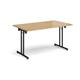 Rectangular folding leg table with black legs and straight foot rails 1400mm x 800mm - oak