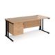Maestro 25 straight desk 1800mm x 800mm with 3 drawer pedestal - black cable managed leg frame, beech top