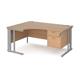 Maestro 25 left hand ergonomic desk 1600mm wide with 2 drawer pedestal - silver cable managed leg frame, beech top