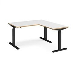 Elev8 Touch sit-stand desk 1400mm x 800mm with 800mm return desk - black frame, white top with oak edge