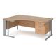 Maestro 25 left hand ergonomic desk 1800mm wide with 3 drawer pedestal - silver cable managed leg frame, beech top
