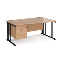 Maestro 25 right hand wave desk 1600mm wide with 3 drawer pedestal - black cable managed leg frame, beech top