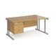Maestro 25 right hand wave desk 1600mm wide with 3 drawer pedestal - silver cantilever leg frame, oak top