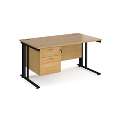 Maestro 25 straight desk 1400mm x 800mm with 2 drawer pedestal - black cable managed leg frame, oak top