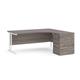 Maestro 25 right hand ergonomic desk 1800mm with white cantilever frame and desk high pedestal - grey oak