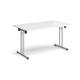 Rectangular folding leg table with chrome legs and straight foot rails 1400mm x 800mm - white