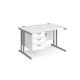 Maestro 25 straight desk 1200mm x 800mm with 3 drawer pedestal - silver cantilever leg frame, white top