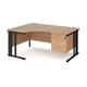 Maestro 25 left hand ergonomic desk 1600mm wide with 3 drawer pedestal - black cable managed leg frame, beech top
