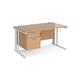 Maestro 25 straight desk 1400mm x 800mm with 2 drawer pedestal - white cable managed leg frame, beech top