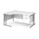 Maestro 25 left hand ergonomic desk 1600mm wide with 2 drawer pedestal - silver cantilever leg frame, white top