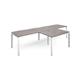 Adapt double straight desks 3200mm x 800mm with 800mm return desks - white frame, grey oak top