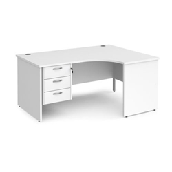 Maestro 25 right hand ergonomic desk 1600mm wide with 3 drawer pedestal - white top with panel end leg