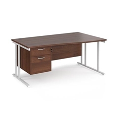 Maestro 25 right hand wave desk 1600mm wide with 2 drawer pedestal - white cantilever leg frame, walnut top