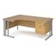 Maestro 25 left hand ergonomic desk 1800mm wide with 2 drawer pedestal - silver cable managed leg frame, oak top