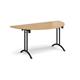 Semi circular folding leg table with black legs and curved foot rails 1600mm x 800mm - oak