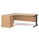 Maestro 25 left hand ergonomic desk 1800mm with black cantilever frame and desk high pedestal - beech