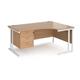 Maestro 25 right hand ergonomic desk 1600mm wide with 3 drawer pedestal - white cantilever leg frame, beech top