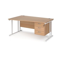 Maestro 25 left hand wave desk 1600mm wide with 3 drawer pedestal - white cantilever leg frame, beech top