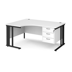 Maestro 25 left hand ergonomic desk 1600mm wide with 3 drawer pedestal - black cable managed leg frame, white top