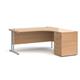 Maestro 25 right hand ergonomic desk 1600mm with silver cantilever frame and desk high pedestal - beech