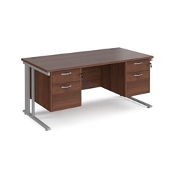 Maestro 25 straight desk 1600mm x 800mm with two x 2 drawer pedestals - silver cable managed leg frame, walnut top