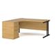 Maestro 25 left hand ergonomic desk 1600mm with black cantilever frame and desk high pedestal - oak