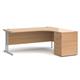 Maestro 25 right hand ergonomic desk 1800mm with silver cantilever frame and desk high pedestal - beech