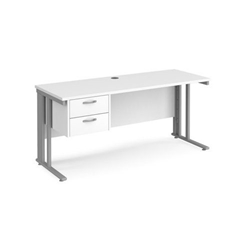 Maestro 25 straight desk 1600mm x 600mm with 2 drawer pedestal - silver cable managed leg frame, white top