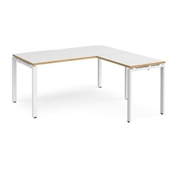 Adapt desk 1600mm x 800mm with 800mm return desk - white frame, white top with oak edge