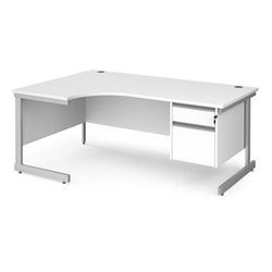 Contract 25 left hand ergonomic desk with 2 drawer pedestal and silver cantilever leg 1800mm - white top