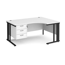 Maestro 25 right hand ergonomic desk 1600mm wide with 3 drawer pedestal - black cable managed leg frame, white top