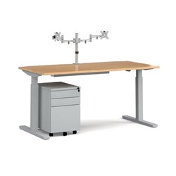 Elev8 Mono straight sit-stand desk 1600mm - silver frame, oak top with matching double monitor arm, steel pedestal and cable tray