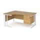 Maestro 25 left hand ergonomic desk 1600mm wide with 2 drawer pedestal - white cable managed leg frame, oak top