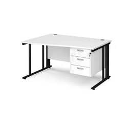 Maestro 25 left hand wave desk 1400mm wide with 3 drawer pedestal - black cable managed leg frame, white top