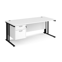 Maestro 25 straight desk 1800mm x 800mm with 2 drawer pedestal - black cable managed leg frame, white top