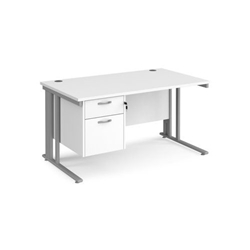 Maestro 25 straight desk 1400mm x 800mm with 2 drawer pedestal - silver cable managed leg frame, white top