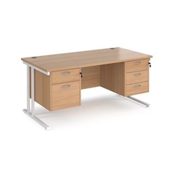 Maestro 25 straight desk 1600mm x 800mm with 2 and 3 drawer pedestals - white cantilever leg frame, beech top