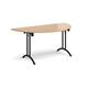Semi circular folding leg table with black legs and curved foot rails 1600mm x 800mm - beech